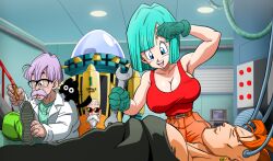 Rule 34 | 1girl, 3boys, age difference, android 16, armpits, bald, bare shoulders, beard, black cat, blue eyes, breasts, bulma, capsule corp, cat, cigarette, cleavage, closed eyes, dragon ball, dragonball z, earrings, facial hair, father and daughter, glasses, gloves, green hair, green shirt, highres, hoop earrings, indoors, jewelry, large breasts, legs, lying, medium hair, mr. briefs, multiple boys, mustache, muten roushi, old, old man, open mouth, orange pants, pants, purple hair, red tank top, shirt, shoes, sleeveless, smile, smoking, standing, sunglasses, tank top, thighs, wrench, yamamoto doujin