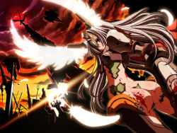 Rule 34 | 1girl, armor, ass, blood, feathers, from behind, long hair, silver hair, solo, sunset, tsurugi hagane, wings