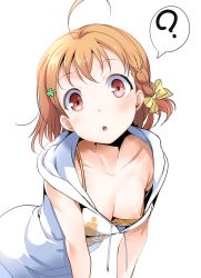 Rule 34 | 10s, 1girl, :o, ?, ahoge, ajishio, blush, bow, bra, braid, breasts, brown hair, cleavage, clover hair ornament, clueless, commentary request, downblouse, hair ornament, hood, hoodie, leaning forward, looking at viewer, love live!, love live! sunshine!!, nipple slip, nipples, open mouth, red eyes, short hair, side braid, simple background, sleeveless, sleeveless hoodie, small breasts, solo, spoken question mark, takami chika, underwear, white background
