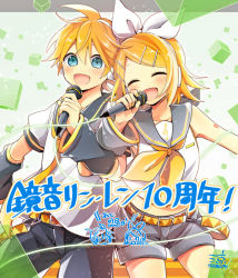 Rule 34 | 1boy, 1girl, :d, ^ ^, anniversary, artist name, artist request, black shorts, blonde hair, blue eyes, blush, brother and sister, closed eyes, collarbone, cube, detached sleeves, hair ornament, hair ribbon, hairclip, head tilt, headphones, holding, holding microphone, kagamine len, kagamine rin, locked arms, long sleeves, microphone, midriff, musical note, musical note print, nail polish, neckerchief, open mouth, ribbon, sailor collar, shirt, short hair, short sleeves, shorts, siblings, sleeveless, sleeveless shirt, smile, swept bangs, treble clef, twins, v-shaped eyebrows, vocaloid, white ribbon, yellow nails