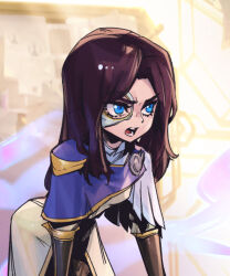 Rule 34 | 1girl, blue eyes, breasts, brown dress, brown hair, caitlyn (league of legends), clothing request, cowboy shot, demacia (league of legends), dress, league of legends, leaning forward, long hair, medium breasts, multicolored background, open mouth, phantom ix row, solo, teeth, tongue