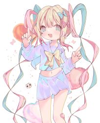 Rule 34 | 1girl, absurdres, blonde hair, blue bow, blue eyes, blue hair, blue shirt, blue skirt, bow, chouzetsusaikawa tenshi-chan, emoji, hair bow, hair ornament, hands up, heart, heart hair ornament, highres, holographic clothing, index finger raised, long hair, long sleeves, looking at viewer, midriff, multicolored hair, multiple hair bows, needy girl overdose, open mouth, pink bow, pink hair, pleading face emoji, pleated skirt, purple bow, quad tails, sailor collar, school uniform, serafuku, shirt, skirt, smile, solo, standing, twintails, umirukode, very long hair, white background, yellow bow