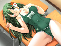 Rule 34 | 1girl, blush, breasts, cleavage, desk, covered erect nipples, glasses, green eyes, green hair, green one-piece swimsuit, homeko, kuuchuu yousai, large breasts, looking at viewer, lying, matching hair/eyes, name tag, navel, on back, one-piece swimsuit, os-tan, school desk, school swimsuit, solo, swimsuit, third-party edit, xp home-tan, xphome
