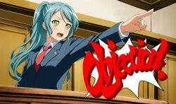 Rule 34 | 1girl, ace attorney, aqua hair, bang dream!, blue jacket, buttons, collared shirt, commentary, cosplay, courtroom, english commentary, english text, fries vanquisher, green eyes, highres, hikawa sayo, indoors, jacket, lapel pin, long hair, necktie, objection, open mouth, outstretched arm, parody, phoenix wright, phoenix wright (cosplay), pointing, ponytail, red necktie, shirt, solo, table, upper body, white shirt