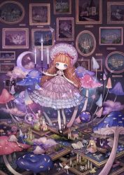 Rule 34 | 1girl, black footwear, blue eyes, blunt bangs, bonnet, book, bow, broken glass, candelabra, candle, candlestand, castle, cloud, crescent moon, drawing (object), dress, eyelashes, feathers, flower, frilled dress, frills, glass, globe, hair brush, highres, holding, lamp, letter, lolita fashion, long hair, long legs, long sleeves, looking at viewer, moon, mushroom, open book, orange hair, original, pantyhose, picture frame, pillow, pin, pin (object), rabbit, shirosaki london, shoes, sidelocks, stuffed animal, stuffed toy, surreal, teddy bear, tree, unicorn, wavy hair, white pantyhose