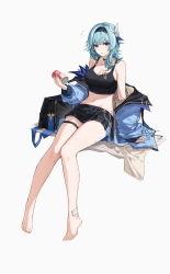 Rule 34 | 1girl, absurdres, alternate costume, arm up, bag, bare shoulders, barefoot, blue eyes, blue hair, breasts, can, eula (genshin impact), full body, genshin impact, hair ornament, highres, holding, holding can, jacket, large breasts, looking at viewer, medium hair, navel, open mouth, school bag, shorts, simple background, sitting, solo, thigh strap, thighs, white background, yajuu