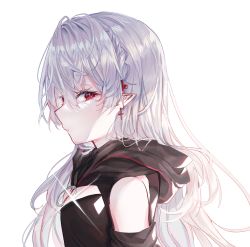 Rule 34 | 1girl, 414 (hncx3355), arknights, bare shoulders, black shirt, commentary request, cross, cross earrings, cross hair ornament, earrings, from side, grey hair, hair between eyes, hair ornament, highres, jewelry, long hair, looking at viewer, pointy ears, red eyes, shirt, simple background, sleeveless, sleeveless shirt, solo, upper body, very long hair, warfarin (arknights), white background