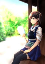 Rule 34 | 10s, 1girl, aoi usagi, armor, bad id, bad pixiv id, brown eyes, brown hair, hand fan, japanese clothes, kaga (kancolle), kantai collection, kneehighs, long hair, muneate, paper fan, personification, pleated skirt, ponytail, side ponytail, sitting, skirt, socks, solo, tasuki, thighhighs, uchiwa