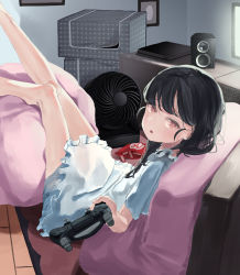 Rule 34 | 1girl, :o, absurdres, bare legs, bean bag chair, black hair, blue dress, blunt bangs, bright pupils, controller, dot nose, dress, electric fan, food, framed image, frilled dress, frills, game console, game controller, highres, holding, holding controller, holding game controller, indoors, kitkat, legs up, long hair, looking at viewer, monitor, nano illustrator, original, parted lips, playstation 4, playstation controller, red eyes, sitting, solo, speaker, white pupils