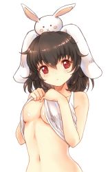 Rule 34 | 1girl, animal, animal ears, animal on head, bad id, bad pixiv id, black hair, blush, breasts, clothes lift, highres, inaba tewi, looking at viewer, medium breasts, navel, on head, rabbit, rabbit ears, red eyes, shirt lift, short hair, simple background, solo, touhou, underboob, white background, x&amp;x&amp;x