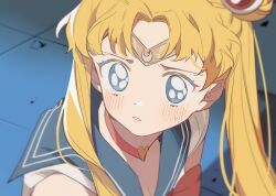 1girl asphyxia17 bishoujo_senshi_sailor_moon blonde_hair blue_eyes blue_sailor_collar blurry breasts choker circlet cleavage curtained_hair depth_of_field derivative_work from_above furrowed_brow hair_bun hair_ornament heart heart_choker highres light_blush long_hair looking_to_the_side meme middle_part no_pupils parted_lips portrait red_choker sailor_collar sailor_moon sailor_moon_redraw_challenge_(meme) screenshot_redraw shadow shiny_eyes shirt short_sleeves solo sweatdrop tile_floor tiles twintails white_shirt