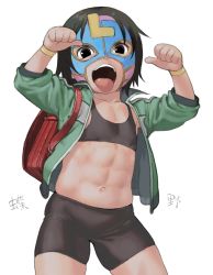 Rule 34 | 1girl, abs, backpack, bag, bike shorts, black bra, black eyes, black hair, black shorts, bra, bracelet, child, cowboy shot, female focus, flat chest, green jacket, gym shorts, highres, jacket, jewelry, linea alba, looking at viewer, luchador mask, mask, matching hair/eyes, midriff, muscular, muscular child, muscular female, navel, open clothes, open jacket, open mouth, original, randoseru, satou toshiyuki, short hair, shorts, simple background, skindentation, solo, sports bra, standing, tareme, teeth, tongue, tongue out, underwear, unzipped, upper teeth only, white background