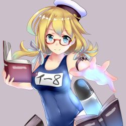 Rule 34 | 1girl, absurdres, arm garter, armband, blonde hair, blue eyes, book, breasts, collarbone, glasses, gradient background, hair between eyes, hat, highres, himura moritaka, i-8 (kancolle), invocation, kantai collection, looking at viewer, low twintails, medium breasts, name tag, one-piece swimsuit, peaked cap, pink background, sailor hat, school swimsuit, semi-rimless eyewear, solo, swimsuit, swimsuit under clothes, torpedo, twintails, under-rim eyewear, upper body, white hat