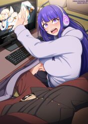Rule 34 | 1boy, 2girls, alternate costume, at computer, blurry, blush, casual, caught, censored, commentary, computer, contemporary, cup ramen, embarrassed, english commentary, genshin impact, hood, hood down, hoodie, looking at viewer, lumina (neocoil), multiple girls, neocoill, open mouth, patreon username, pornography, pussy juice, raiden shogun, skirt, surprised, teeth, upper teeth only, wide-eyed