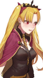Rule 34 | 1girl, amo (silent bomb19), bad id, bad pixiv id, black dress, blonde hair, bow, breasts, cape, dress, embarrassed, ereshkigal (fate), fate/grand order, fate (series), hair bow, hair ornament, long hair, looking away, medium breasts, open mouth, parted bangs, red bow, red cape, simple background, solo, sweatdrop, two side up, white background