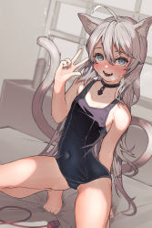 Rule 34 | ahoge, animal ears, aqua nails, barefoot, black collar, black one-piece swimsuit, blue eyes, breasts, cat ears, cat girl, cat tail, collar, commentary request, covered navel, fingernails, grey hair, hair between eyes, highres, long hair, looking at viewer, madana (xesa7885), nail polish, one-piece swimsuit, open mouth, original, school swimsuit, sex toy, small breasts, smile, solo, spread legs, squatting, sweat, swimsuit, tail, teeth, thighs, toes, v, vibrator