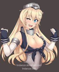 Rule 34 | 10s, 1girl, bad id, bad pixiv id, bare shoulders, blonde hair, blush, breasts, cleavage, elbow gloves, fingerless gloves, gloves, iowa (kancolle), kantai collection, large breasts, lindaroze, long hair, looking at viewer, one eye closed, open mouth, smile, solo, upper body