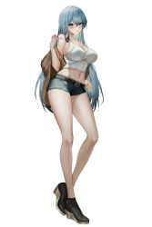 Rule 34 | 1girl, absurdres, bare shoulders, blue eyes, blue hair, breasts, cleavage, crop top, denim, denim shorts, highres, large breasts, lillly, long legs, looking at viewer, navel, original, short shorts, shorts, solo, standing, tank top, thighs