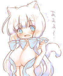 Rule 34 | 1girl, animal ears, areola slip, azur lane, blue bow, blue eyes, blush, bow, breasts, cat ears, cat girl, cat tail, character request, convenient censoring, fang, flying sweatdrops, hair bow, hand up, head tilt, illustrious (azur lane), large breasts, long hair, open mouth, sakurato ototo shizuku, silver hair, simple background, solo, tail, tail raised, translation request, very long hair, white background