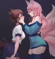 Rule 34 | 2girls, animal ears, blush, breasts, choker, cleavage, closed mouth, commission, dog ears, dog girl, dog tail, eye contact, fox ears, fox girl, fox tail, hands on another&#039;s face, highres, large breasts, looking at another, meowrim, multiple girls, multiple tails, original, parted lips, red eyes, tail, tail wagging, tamamo (fate), thighhighs, yellow eyes, yuri