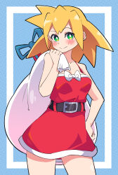 Rule 34 | 1girl, absurdres, blonde hair, blush, breasts, buzzlyears, closed mouth, collarbone, green eyes, hand on own hip, highres, holding, holding sack, long hair, looking at viewer, medium breasts, mega man (series), mega man legends (series), roll caskett (mega man), sack, santa costume, smile, solo