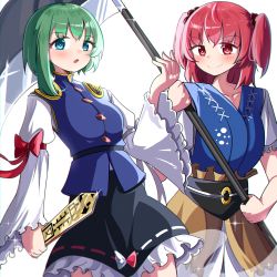 Rule 34 | 2girls, :o, absurdres, black skirt, blue eyes, blue vest, bright pupils, closed mouth, coin, commentary, english commentary, green hair, hair bobbles, hair ornament, highres, holding, holding scythe, juliet sleeves, long sleeves, looking at viewer, multiple girls, obi, onozuka komachi, open mouth, puffy sleeves, red eyes, red hair, ribbon-trimmed skirt, ribbon trim, rod of remorse, sash, scythe, shiki eiki, short hair, simple background, skirt, smile, spam (spamham4506), touhou, two side up, vest, white background, white pupils