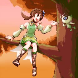 Rule 34 | 1girl, :d, bare shoulders, brown eyes, brown footwear, brown hair, celebi, commentary, creatures (company), detached sleeves, eyelashes, ffccll, full body, game freak, gen 2 pokemon, green skirt, green vest, hand up, legendary pokemon, long hair, looking to the side, lyra (pokemon), lyra (sygna suit) (pokemon), mythical pokemon, nintendo, official alternate costume, open mouth, outdoors, pokemon, pokemon (creature), pokemon masters ex, sandals, sitting, skirt, smile, teeth, tongue, tree, twintails, upper teeth only, vest