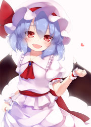 Rule 34 | 1girl, :d, ascot, bat wings, blue hair, blush, brooch, cowboy shot, fang, fangs, frilled shirt collar, frills, gengetsu chihiro, hair between eyes, hat, hat ribbon, jewelry, looking at viewer, mob cap, open mouth, puffy short sleeves, puffy sleeves, red eyes, red ribbon, remilia scarlet, ribbon, sash, shirt, short sleeves, skirt, skirt set, smile, solo, touhou, white shirt, white skirt, wings, wrist cuffs