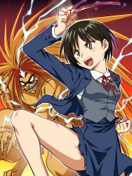 Rule 34 | 1girl, black hair, blood, blood on hands, blue jacket, blue skirt, brown eyes, clenched hand, commentary request, demon, dress shirt, fighting stance, funnyari, jacket, kicking, looking to the side, nakamura asako, open clothes, open jacket, open mouth, ribbon, school uniform, shirt, short hair, skirt, standing, tora (ushio to tora), torn clothes, torn skirt, ushio to tora, vest, white shirt