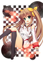 Rule 34 | 10s, 1girl, bare shoulders, black background, blouse, bow, brown hair, checkered background, collared shirt, fang, feet, flat chest, green eyes, hair bow, hair ribbon, highres, huang lingyin, if (asita), infinite stratos, kneehighs, open mouth, ribbon, shirt, sitting, smile, socks, solo, tatapopo, twintails, uniform, white background, white shirt