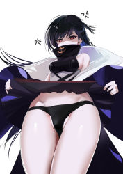 Rule 34 | 1girl, anchor symbol, annoyed, azur lane, bare shoulders, black gloves, black hair, black panties, clothes lift, coat, gloves, half updo, highres, lifting own clothes, long hair, long sleeves, mole, mole under eye, off shoulder, panties, red eyes, schreibe shura, skirt, skirt lift, solo, underwear, west virginia (azur lane), wide sleeves
