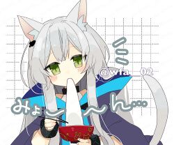 Rule 34 | 1girl, animal ear fluff, animal ears, arknights, artist name, blush, bowl, bracelet, cat ears, cat girl, cat tail, chopsticks, eating, green eyes, grey hair, holding, holding bowl, holding chopsticks, infection monitor (arknights), itsuki 02, jewelry, long hair, looking at viewer, notice lines, rosmontis (arknights), solo, sound effects, tail, twitter username