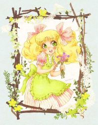 Rule 34 | 1970s (style), 1girl, ahoge, apron, blonde hair, blush, bouquet, candice white ardlay, candy candy, dress, female focus, flower, freckles, green eyes, hair ribbon, leaf, nanami tomorou, oldschool, retro artstyle, ribbon, signature, solo, striped clothes, striped dress, toei animation, twintails, white background