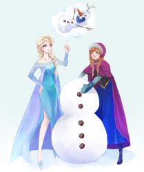 Rule 34 | 2girls, animification, anna (frozen), blonde hair, blue eyes, blush, bodice, braid, cape, capelet, disney, dress, elsa (frozen), floating, frozen (disney), gown, hair slicked back, high heels, highres, lips, lipstick, long hair, makeup, multiple girls, nair (mindcreator), olaf (frozen), open mouth, princess, queen, red hair, siblings, single tooth, sisters, snowman, twin braids, winter, winter clothes