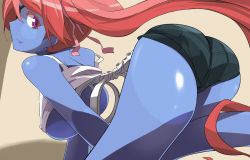Rule 34 | 1girl, all fours, ass, back, bandages, bare shoulders, bent over, blue skin, bone, breasts, colored eyelashes, colored skin, covered erect nipples, crop top, dutch angle, eyelashes, eyepatch, foreshortening, hair over one eye, hair ribbon, large breasts, long hair, looking at viewer, looking back, multicolored eyes, no bra, original, profile, purple eyes, red eyes, red hair, ribbon, shadow, sharekoube, short shorts, shorts, sideboob, simple background, smile, solo, strap slip, tank top, twintails, underboob, very long hair, zombie, zoni-ko