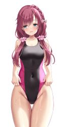 Rule 34 | 1girl, absurdres, adjusting clothes, adjusting swimsuit, aqua eyes, bare arms, bare shoulders, black one-piece swimsuit, blush, bow, braid, breasts, collarbone, competition swimsuit, covered navel, cowboy shot, hair bow, highres, long hair, looking away, looking to the side, low twintails, maniwa roka, medium breasts, mole, mole under eye, ncontrail (mgax7527), one-piece swimsuit, open mouth, pink one-piece swimsuit, purple hair, senren banka, side braid, solo, swimsuit, thigh gap, twintails, two-tone swimsuit, wet, white bow