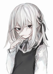 Rule 34 | 1girl, black bow, black dress, black eyes, blood, blood on hands, bow, collared shirt, commentary request, dress, eyebrows hidden by hair, finger to mouth, fingernails, grey background, grey ribbon, hair between eyes, hair bow, hand up, hasunokaeru, long hair, looking at viewer, neck ribbon, original, parted lips, ribbon, shirt, simple background, sleeveless, sleeveless dress, solo, white hair, white shirt