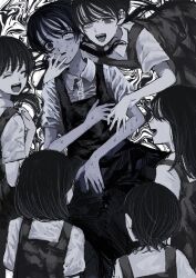 Rule 34 | 6+girls, abstract background, arm around shoulder, bags under eyes, closed eyes, collared shirt, dress, dress shirt, empty eyes, facing another, greyscale, half-closed eyes, hand on another&#039;s face, heterochromia, highres, lazy eye, long hair, looking at another, looking at viewer, low twintails, matching outfits, medium hair, monochrome, multiple girls, nervous sweating, open mouth, original, pale skin, pinafore dress, scared, shirt, short hair, short sleeves, sleeveless, sleeveless dress, smile, sweat, twintails, wide-eyed, yamanaka (43g k)