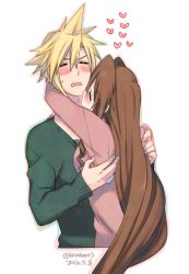 Rule 34 | 1boy, 1girl, 2016, aerith gainsborough, bad id, bad pixiv id, blonde hair, blush, brown hair, closed eyes, cloud strife, couple, cropped torso, dated, final fantasy, final fantasy vii, green sweater, heart, hetero, hug, krudears, long hair, long sleeves, open mouth, pink sweater, spiked hair, straight hair, sweatdrop, sweater, twitter username, upper body, very long hair, wavy mouth, white background