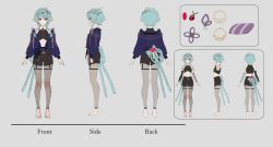 Rule 34 | 1other, absurdres, androgynous, barefoot, character sheet, commentary, crop top, earrings, english commentary, fishnets, gold headband, grey background, highres, jacket, jewelry, multiple views, nail polish, navel, official art, pointy ears, purple jacket, red eyes, red nails, saraki, short hair, short hair with long locks, simple background, smile, thigh strap, toenail polish, toenails, tsunderia, tsurugi nen, virtual youtuber, with long locks