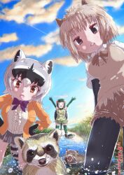 Rule 34 | 0 0, 3girls, :o, animal, animal ears, arms up, black hair, bow, bowtie, brown eyes, brown hair, canal, center frills, crab-eating raccoon (kemono friends), creature and personification, day, elbow gloves, fisheye, frills, gloves, green hair, grey hair, hands on own hips, highres, jacket, kemono friends, leaning forward, legs apart, looking at viewer, medium hair, miniskirt, multicolored hair, multiple girls, nakashi masakumi, nutria, nutria (kemono friends), open clothes, open jacket, open mouth, outdoors, outstretched arms, pantyhose, pantyhose under shorts, parted lips, raccoon, raccoon ears, raccoon girl, raccoon tail, red-eared slider (kemono friends), red hair, shirt, shorts, skirt, standing, sweater vest, tail, thighhighs, turtle, turtle shell, vest, wading, water, white hair