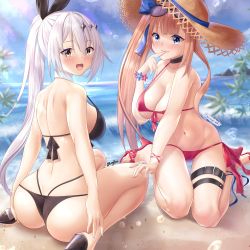 Rule 34 | 2girls, absurdres, ass, bare shoulders, beach, bikini, blue eyes, breasts, brown hair, fal (girls&#039; frontline), five-seven (girls&#039; frontline), from behind, girls&#039; frontline, green eyes, hair ornament, hair ribbon, hat, highres, large breasts, long hair, looking at viewer, looking back, multiple girls, open mouth, ponytail, ribbon, shiny skin, sideboob, silver hair, sitting, smile, swimsuit, thong, thong bikini, very long hair, vitaminechan, wariza