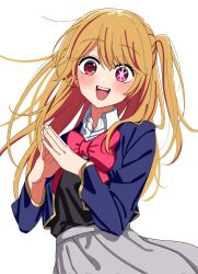 Rule 34 | 1girl, :d, blazer, blonde hair, blush, highres, hikentai0112, hoshino ruby, jacket, long hair, looking at viewer, neck ribbon, one side up, open mouth, oshi no ko, own fingers together, pleated skirt, purple eyes, ribbon, school uniform, simple background, skirt, smile, solo, star-shaped pupils, star (symbol), symbol-shaped pupils, teeth, white background