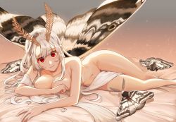 Rule 34 | 1girl, absurdres, antennae, arthropod girl, breasts, bug, extra ears, highres, hip focus, insect, insect girl, insect wings, long hair, looking at viewer, medium breasts, moth, moth girl, moth wings, navel, nude, on bed, original, red eyes, smile, solo, tantan (xrvf2288), white hair, wings