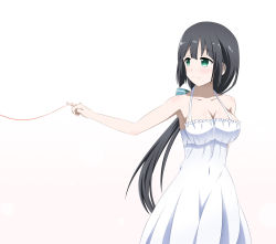 Rule 34 | 10s, 1girl, aqua bow, arm behind back, bad id, bad pixiv id, black hair, blush, bow, breasts, cleavage, closed mouth, collarbone, dress, frilled dress, frills, green eyes, hair bow, halterneck, highres, long hair, looking to the side, low ponytail, medium breasts, ototsu (nitta225), pinky out, simple background, smile, solo, spaghetti strap, string, string of fate, striped, striped bow, sundress, tougou mimori, very long hair, white background, white dress, yuuki yuuna wa yuusha de aru, yuusha de aru