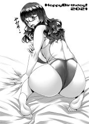 Rule 34 | 1girl, ass, ayato, back cutout, barefoot, bed sheet, blunt bangs, blush, catchphrase, clothing cutout, commentary, competition swimsuit, dated, english text, from behind, girls und panzer, glasses, greyscale, hand on own arm, happy birthday, heart, highres, huge ass, kneeling, long hair, looking at viewer, looking back, monochrome, on bed, one-piece swimsuit, open mouth, semi-rimless eyewear, solo, sweatdrop, swimsuit, takebe saori, translated, under-rim eyewear