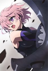 Rule 34 | 1girl, :d, absurdres, black leotard, black sleeves, detached sleeves, fate/grand order, fate (series), floating hair, gradient background, grey background, hair over one eye, highres, holding, holding shield, leotard, mash kyrielight, open mouth, pink hair, purple eyes, shield, short hair, smile, solo, toyosu, white background