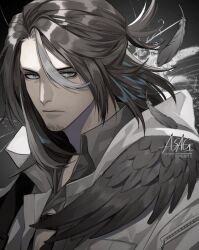Rule 34 | 1boy, arknights, artist name, asagi 1120, black hair, blue eyes, commentary, facial hair, feathers, grey background, highres, hood, hood down, long hair, looking at viewer, male focus, multicolored hair, solo, streaked hair, stubble, totter (arknights), upper body, watermark, web address, white hair, zipper
