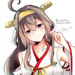 Rule 34 | 10s, 1girl, ahoge, bad id, bad pixiv id, bare shoulders, blush, breasts, brown eyes, brown hair, collarbone, detached sleeves, double bun, female focus, hair ornament, hairband, hand in own hair, head tilt, headgear, kantai collection, kongou (kancolle), large breasts, long hair, looking at viewer, md5 mismatch, na (lukkaluka), nontraditional miko, parted lips, ponujiri, ribbon-trimmed sleeves, ribbon trim, simple background, sketch, smile, solo, text focus, translation request, twitter username, upper body, white background