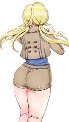 Rule 34 | 1girl, artist request, ass, blonde hair, from behind, hachimiya meguru, highres, huge ass, idolmaster, idolmaster shiny colors, jacket, long hair, low twintails, shiny clothes, shiny skin, short shorts, shorts, solo, thick thighs, thighs, transparent background, twintails